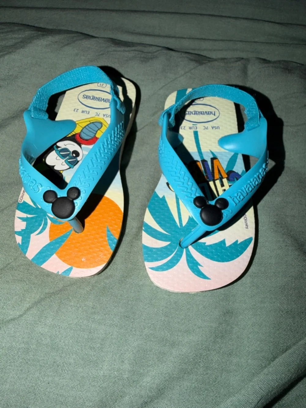 Havaianas Kids Turquoise & White Mickey Palm Print Flip Flops